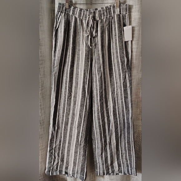 👖Briggs Linen Blend Elastic Waist Striped Pants L/ Gray & White - Picture 1 of 9